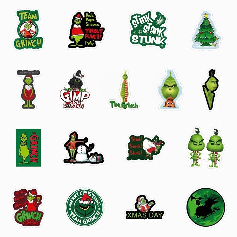 50 Uds. De pel&iacute;cula de animaci&oacute;n americana, pegatinas de Navidad de estola de Grinch para refrigerador, Scooter, pegatina de vidrio para ventana-1