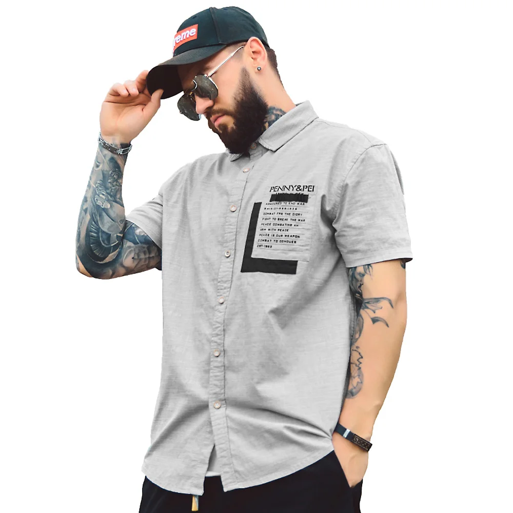 Мужская офисная рубашка с коротким рукавом хлопковая карманом и принтом для