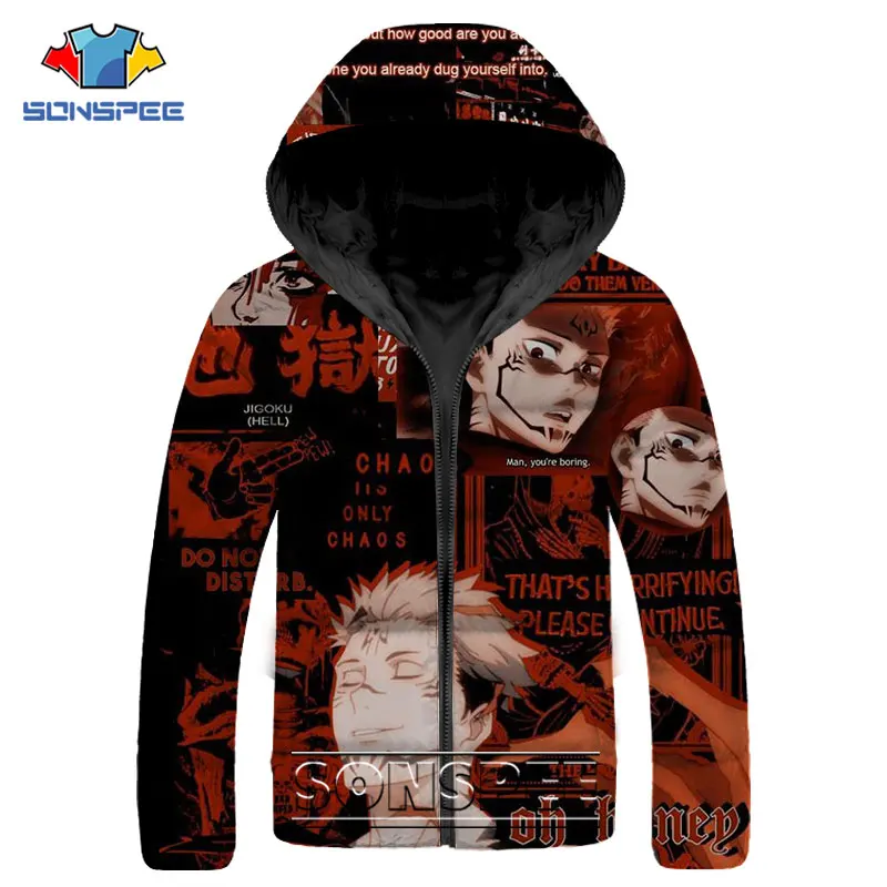 SONSPEE Anime Jujutsu Kaisen Gojo Satoru Parkas 3D Print Hip Hop Down Jacket Winter Men Women Keep Warm Streetwear Jacket Female
