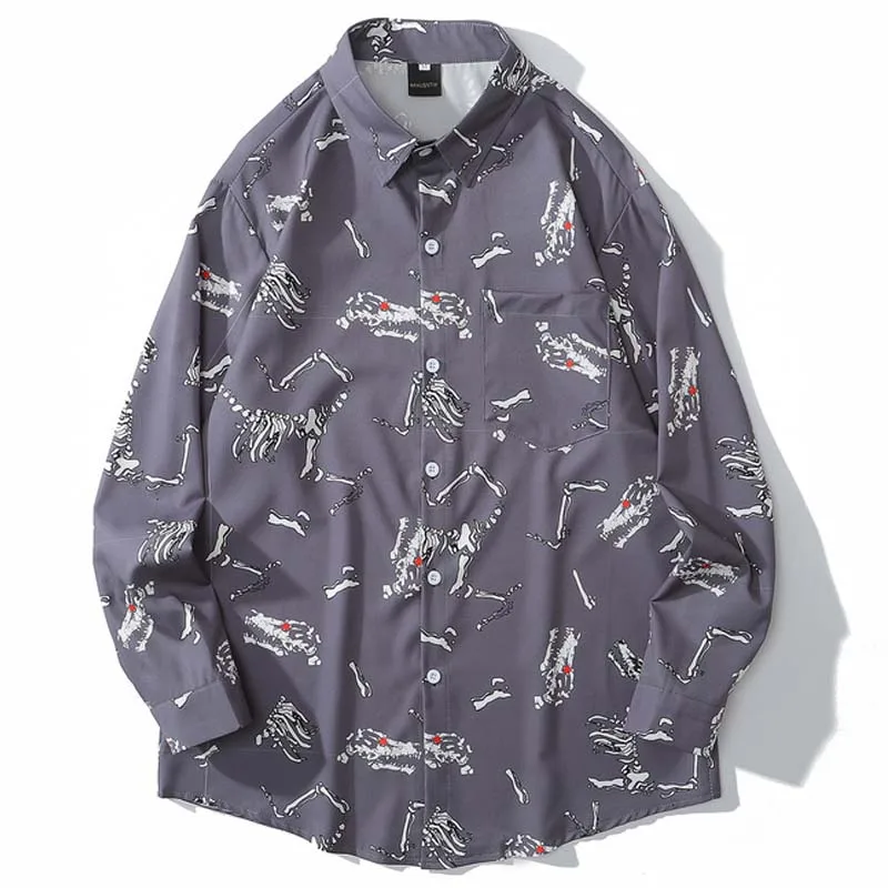

Men Skeleton Print Hawaii Beach Shirts Harajuku Streetwear 2020 SS Long Sleeve Blouse Hiphop Unisex Black Shirts Tops and Blouse