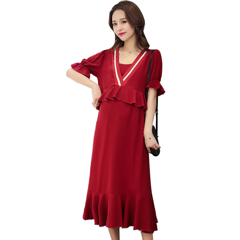 

6930# Summer Chic Ins A Line Slim Maternity Long Dress Elegant Loose Clothes for Pregnant Women Hot V Neck Ties Waist Pregnancy