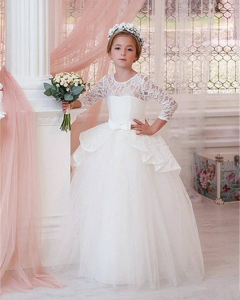 Long Sleeve Kids Princess Lace Child Flower Girl Dresses Wedding Party Baby Costume Newborn Girls Baptism Vestido Clothing | Свадьбы и