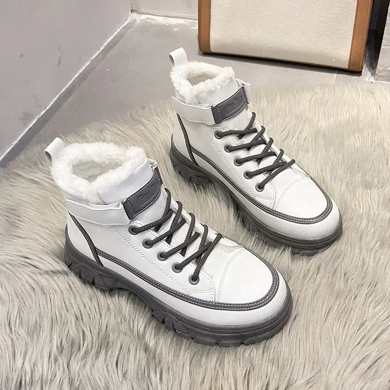 

Genuine Leather Boots For Women Heels Ankle Female Chunky Flat Platform Lace Up Platform Black White Rubber Sole Female Shoes