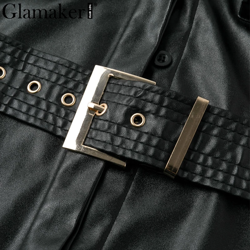 Женское офисное платье Glamaker черное из искусственной кожи с карманами и коротким