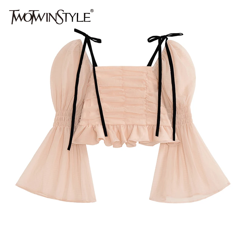 Женская блузка с бантом TWOTWINSTYLE осенняя квадратным вырезом пышными рукавами и