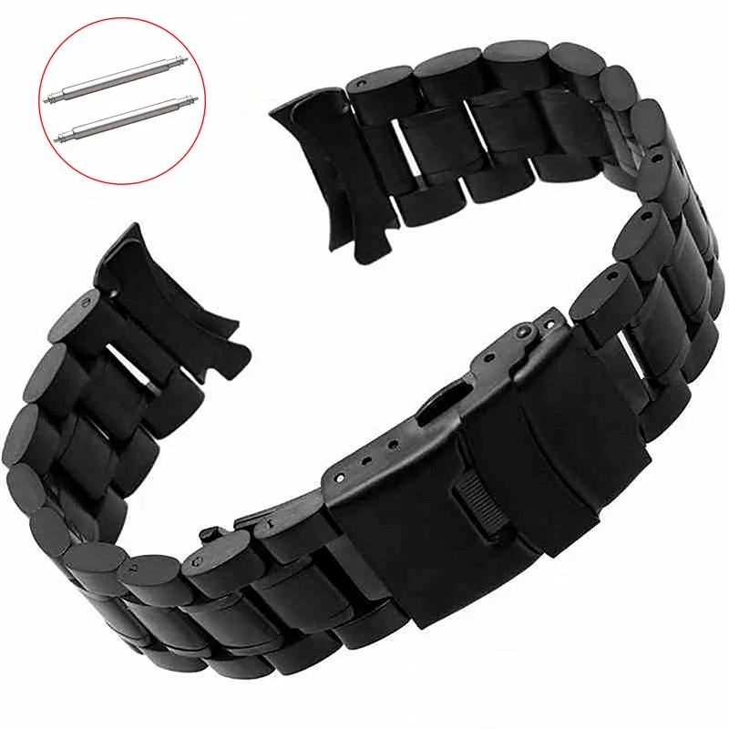 Черный Stainless Steel Watch Band 18mm 20mm 22mm 24mm Strap Wristband Curved End Watch Strap Double Lock Buckle Replacement Wrist Belt - Цвет ремешка: Черный