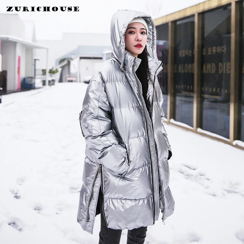 Зимняя куртка ZURICHOUSE 2021 Женская длинная парка теплая свободная модная Блестящая