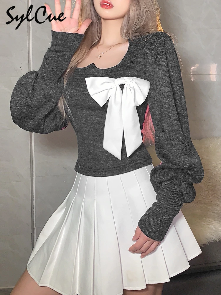 

Sylcue Loose Casual Intellectual Temperament Wild Commuter Bow Decoration Design Sense Long-Sleeved Short Women's Top