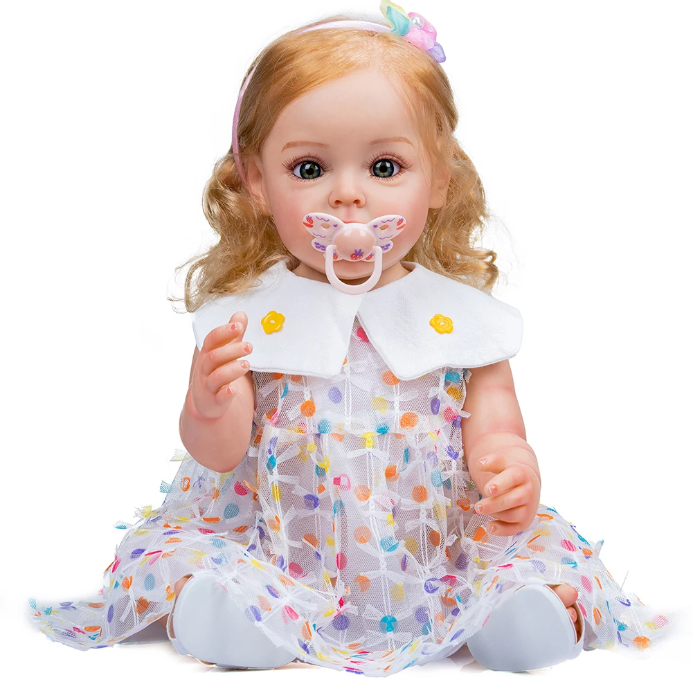 

NPK 55CM Rebirth Doll Hand-painted Full Body Silicone Rebirth Toddler Girl Princess Su Su with Brown Hair Waterproof Toy