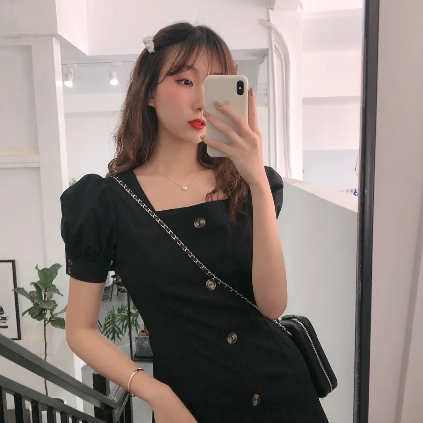 

2021 New Black Puff Sleeve Women Dress Square Neck Single Breasted Solid Mini Dress Female Casual Short Sleeve Ladies Dresses