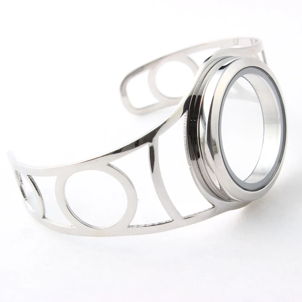 

Silver Round Hollow Wrist Bangle 316L Stainless Steel Locket Bracelet With 30mm Plain Screw Face For Women 6pcs/lot