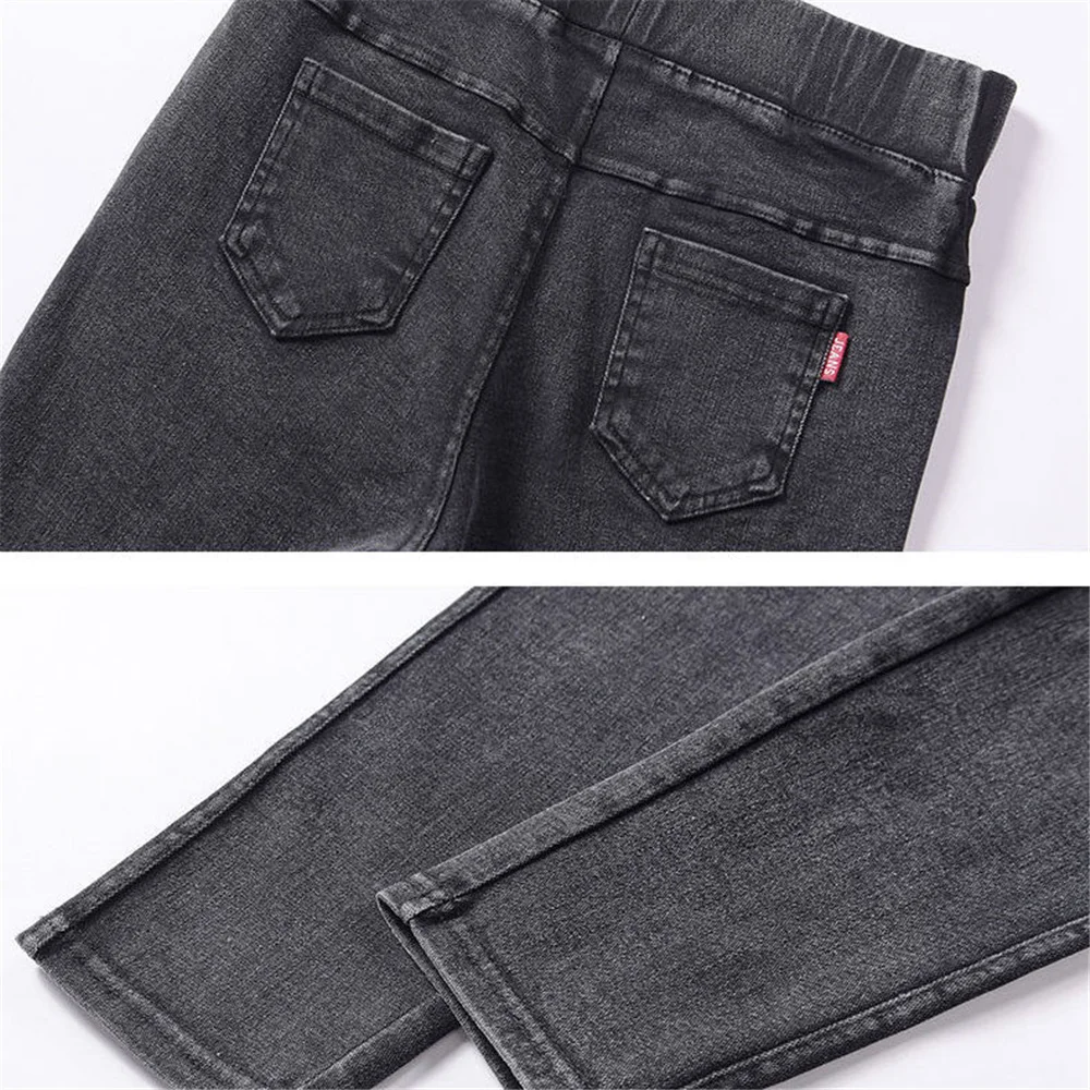 

Elastic Mid Waist Pockets Basic Pencil Jeans Oversized 5xl Stretch Black Women Classic Denim Pants Spring Autumn Korean Trousers