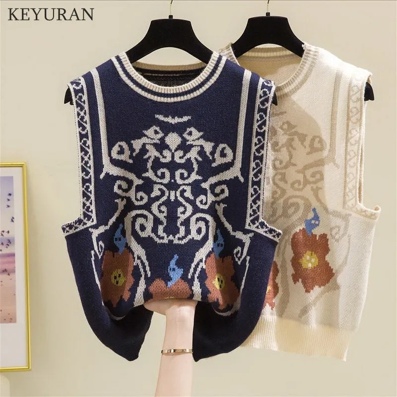 

Женский жаккардовый свитер, винтажный Тотем с цветочным узором, без рукавов Вязанный жилет