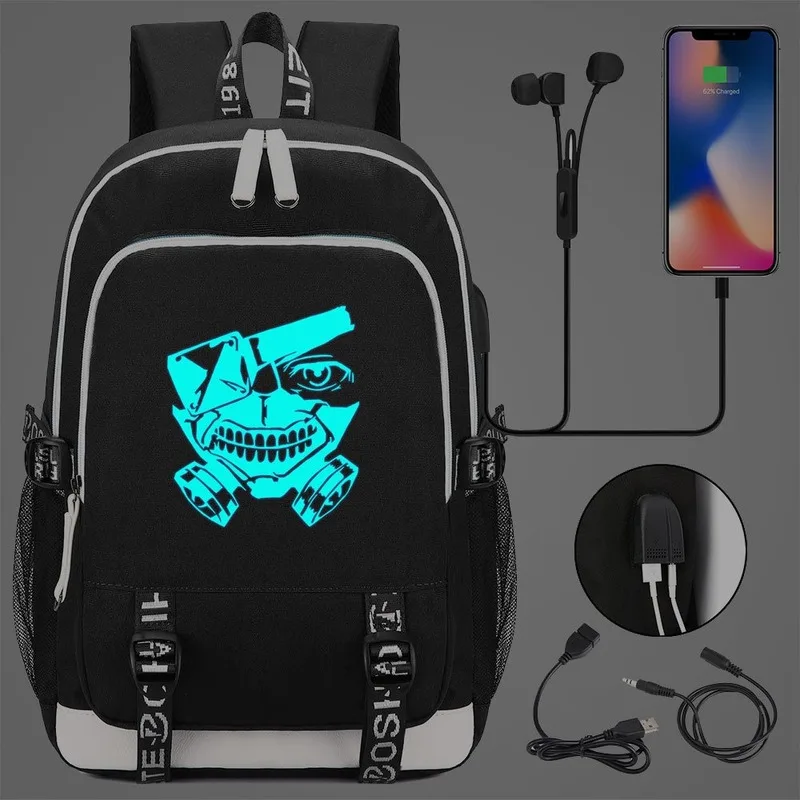 Аниме Токийский Гуль косплей Оксфорд Светящийся рюкзак USB зарядка порт школьная