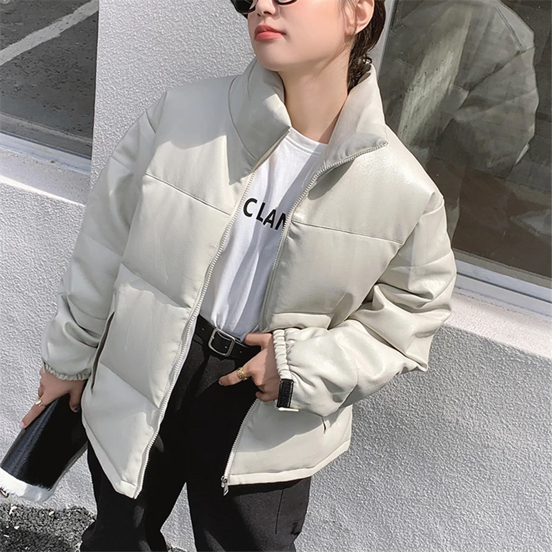 

2020 New Fashion Black PU Leather Short Warm Puffer Bubble CoatOversized Jacket Winter Faux Leather Casual Women's Parka