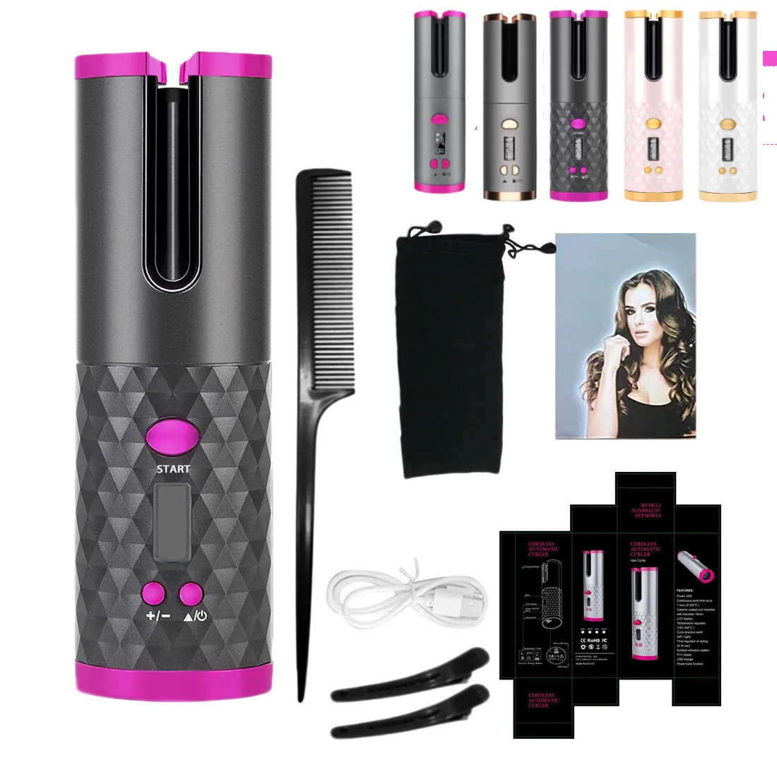 Automático sem Fio Modelador de Cabelo Lcd com 1 Pente + 2pc Cabelo Curling Ferro Portátil Recarregável Onda Styer Display Clipes Usb