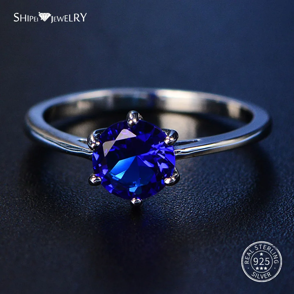 Dark Blue Shipei стерлингового серебра 925 пробы, круглые сапфировые кольца для женщин, изысканные ювелирные изделия, идеально вырезанные круглые драгоценные камни, кольцо обручальное Размер 4-12 - Цвет камня: Dark Blue
