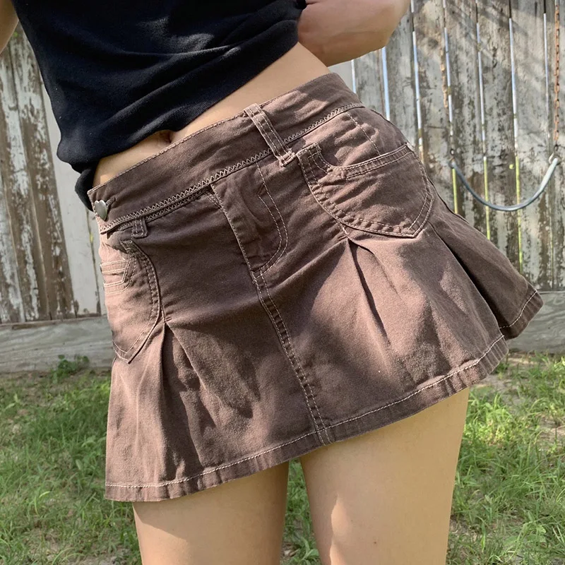 

LEOSOXS Low Waist New Jean Skirts Womens 2000s Aesthetic Vintage Brown Preppy Style A Line Mini Skirt Cute E Girl Streetwear