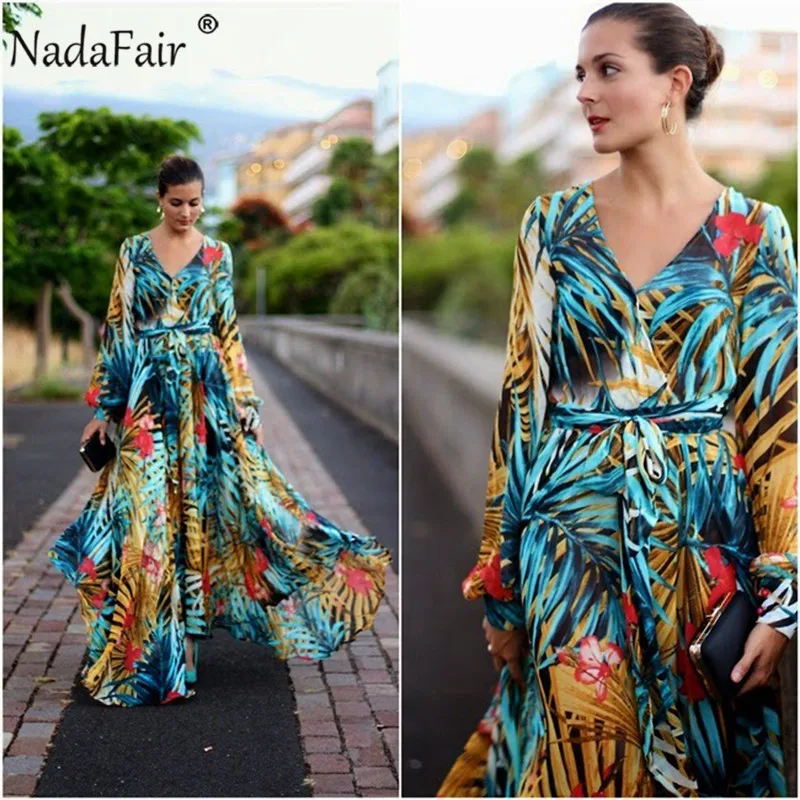 Синий Nadafair Boho летнее макси платье шифоновое винтажное Туника сексуальное с v-образным вырезом на поясе шифоновое с цветочным принтом размера плюс пляжное длинное платье для женщин - Цвет: Синий