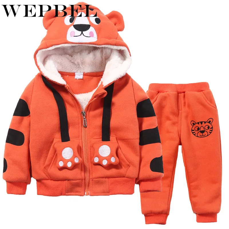 WEPBEL Cute Boys Girls Cartoon Tigers Clothing Suits Baby Plus Velvet Hoodies Pants 2Pcs Sets Kids Toddler Winter Sports Clothes | Детская