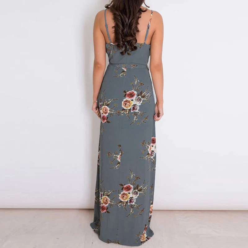 

2021 Sexy Deep V-Neck Backless Lady Beach Dress Women Floral Print Strap Party Dress Summer Lace-up Sleeveless Split Long Dress