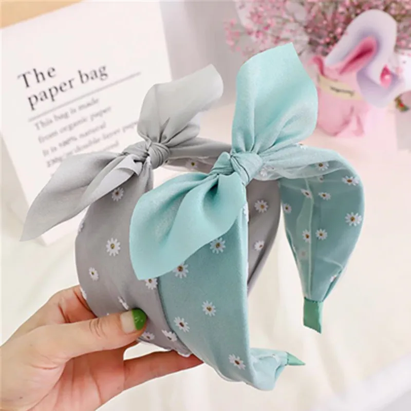 

С милым бантом; Завязанная повязка на волосы цветы ромашки Печати новые аксессуары для волос наружные головные уборы широкая лента для воло...