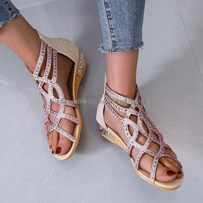 

2021 Summer Sandals Women Flats Open Toe Shoes Woman Casual Shoe Plus Size 36-43 Sandals Sexy Ladies Shoes Roma Style Crystal