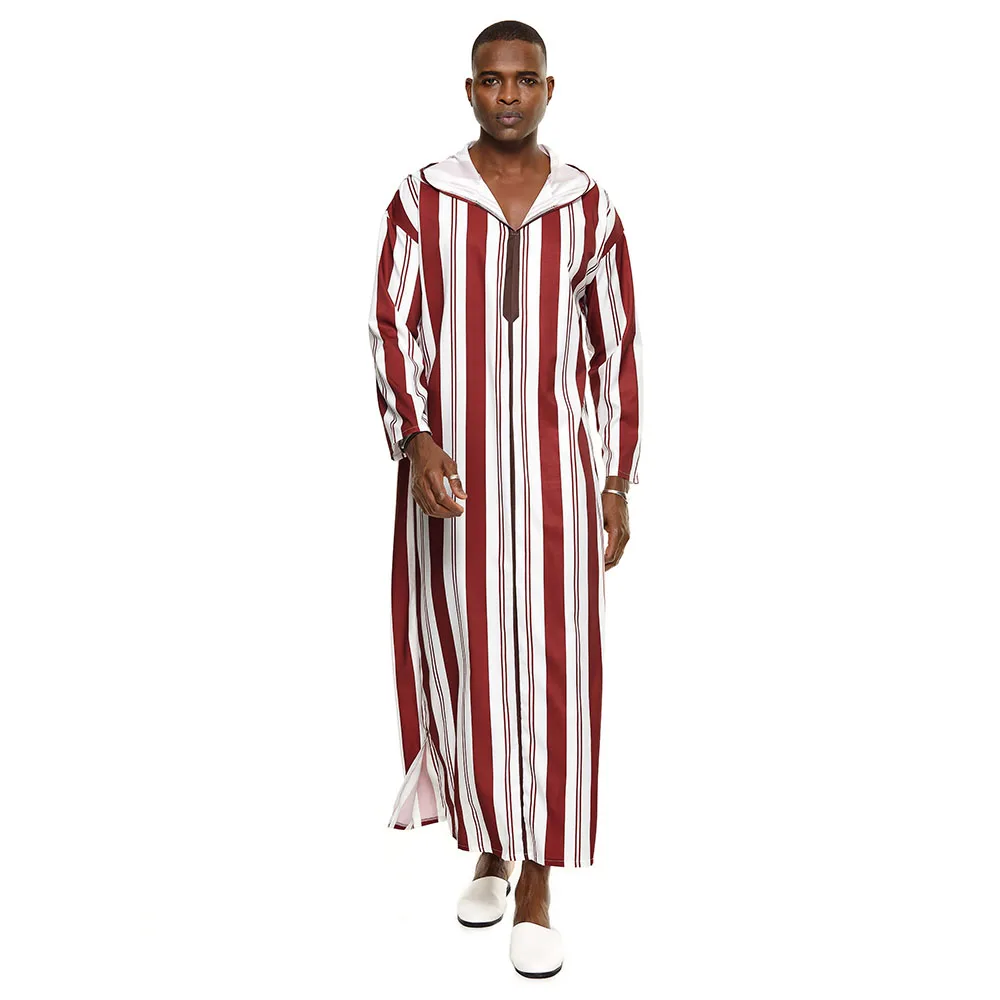 

Islam Abaya Men's Clothing Muslim Dresses Long 2021 V-Neck Color Red Hooded Straight Stripe Fashion Loose Male Dress 2021 Summer