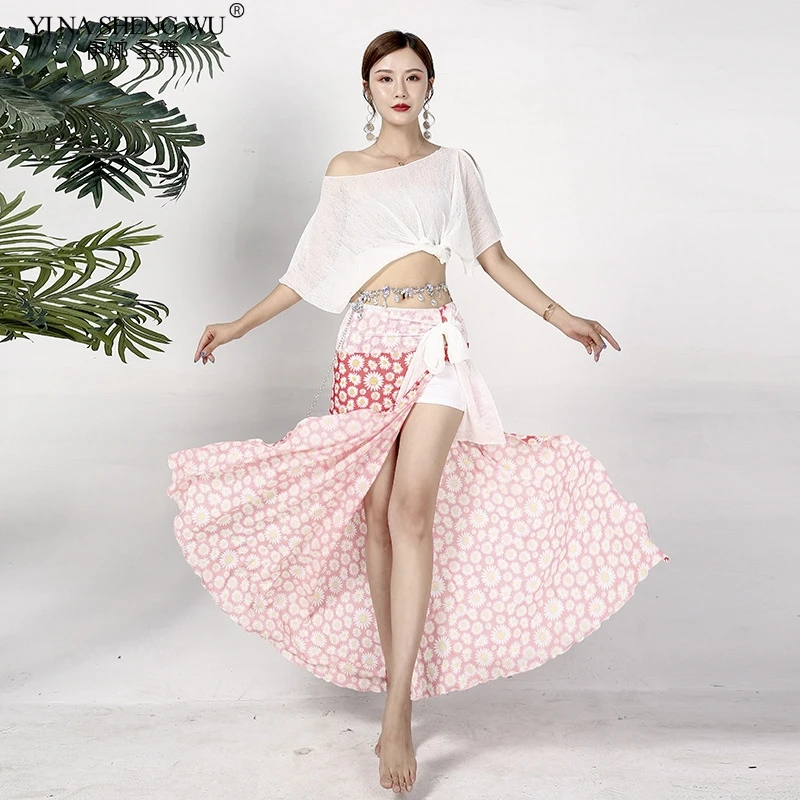 

Женский костюм для танца живота, откровенный сетчатый Асимметричный топ с коротким рукавом и юбка с разрезом, костюм для начинающих, для вос...