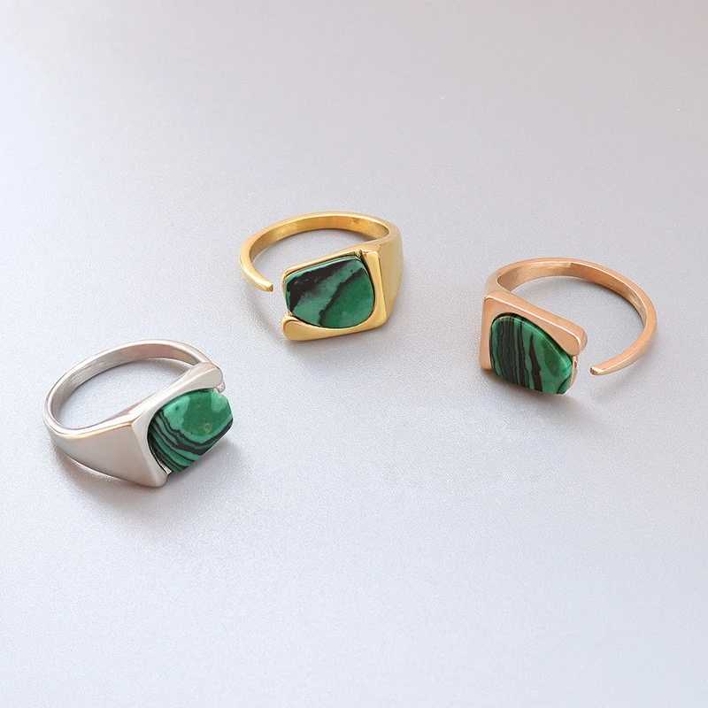 

SODRPV Stainless Steel Jewelry Natural Green Malachite Stone Ring Female Ring Open Index Ring Retro Elegant Ring BSA128