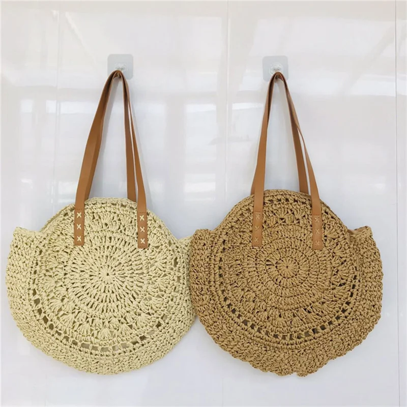 Круглая пляжная сумка из рафии винтажная плетеная сумочка ручной работы на ремне