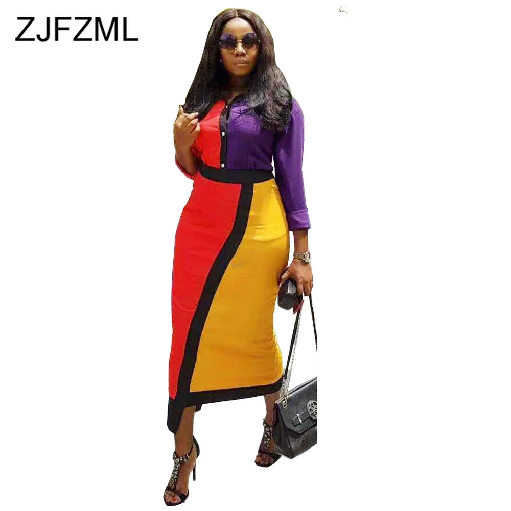 Цвет Блокировка осенние длинные вечерние платья для женщин с отложным