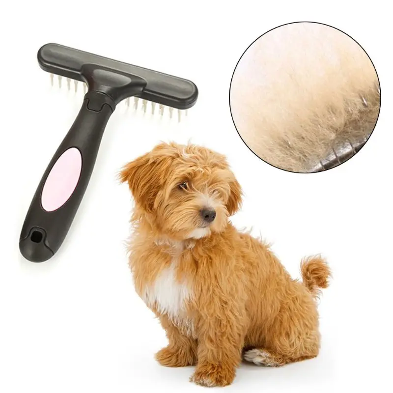 

Ergonomic Double Row Pins Dematting Comb Undercoat Rake Brush Pet Grooming Tool