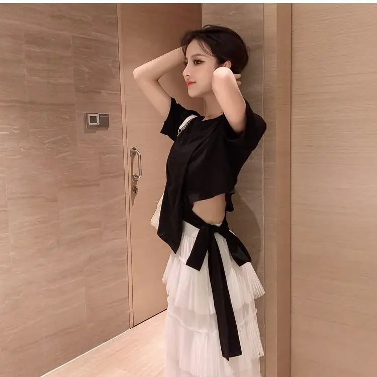 

2021 New Summer Irregular Tie T-shirt Female Short Sleeve Loose Top