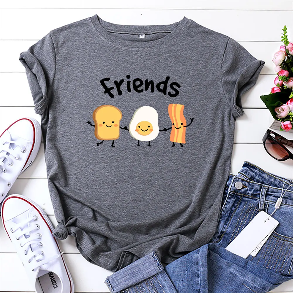 

100% Cotton Oversized Women's T-shirt O-Neck Short Sleeve Harajuku Street Colorful Food Egg Bacon Noodles Top Casual Female