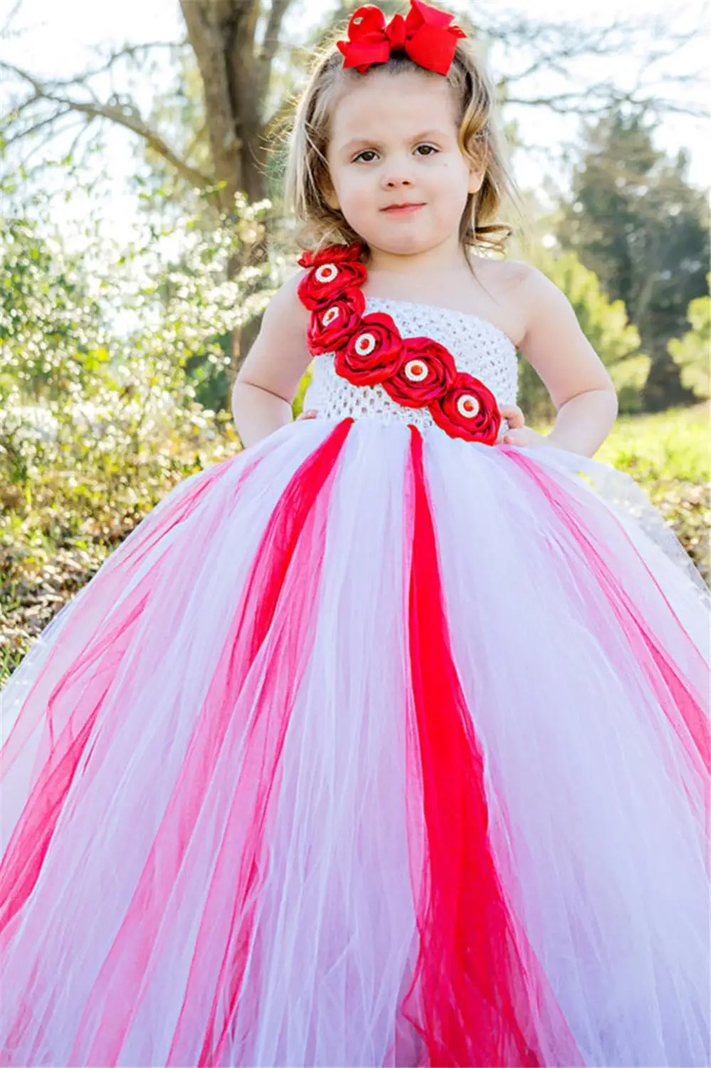 Girls Red White Tutu Dress Kids Crochet Tulle Long Ball Gown with Pearl Roses Children Birthday Party Costume Dresses | Детская одежда