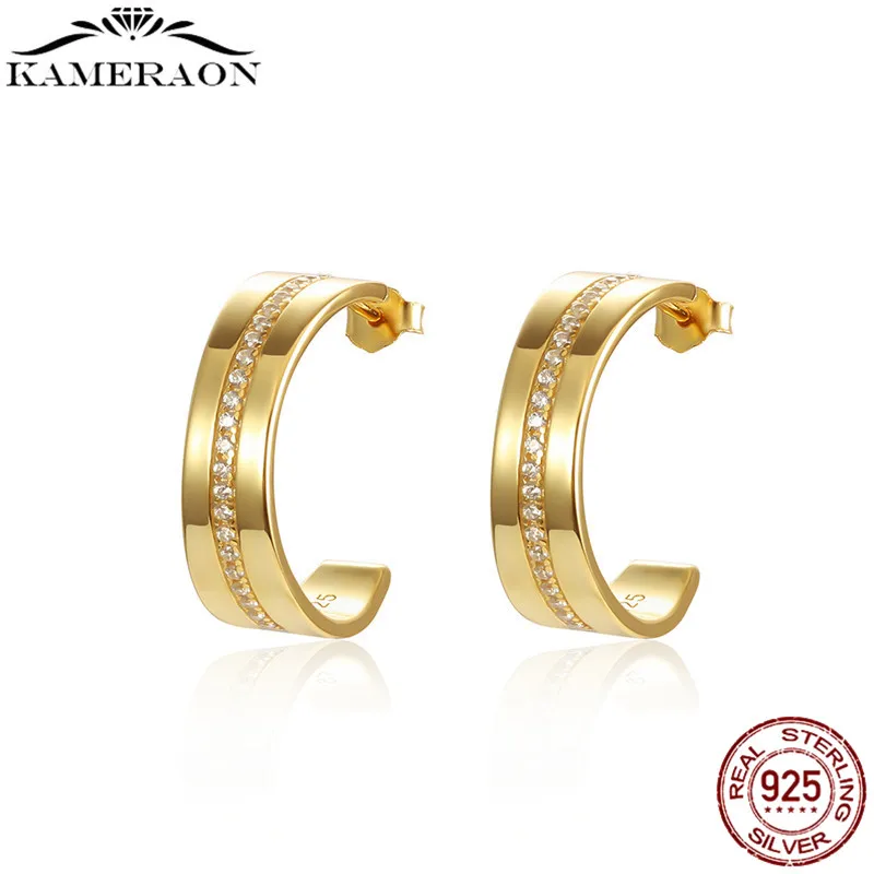 

Women Earrings 100% Sterling Silver 925 & Real Gold Color Stud Earrings for Women Dazzling CZ Wedding Engagement Jewelry Brincos