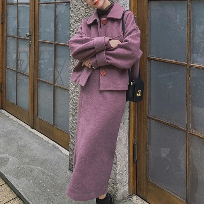 

2pcs set 2xl flower japan girl fashion 2 piece set Women winter set Coat+ Skirts Suits Solid Tops Vintage Skirt Sets