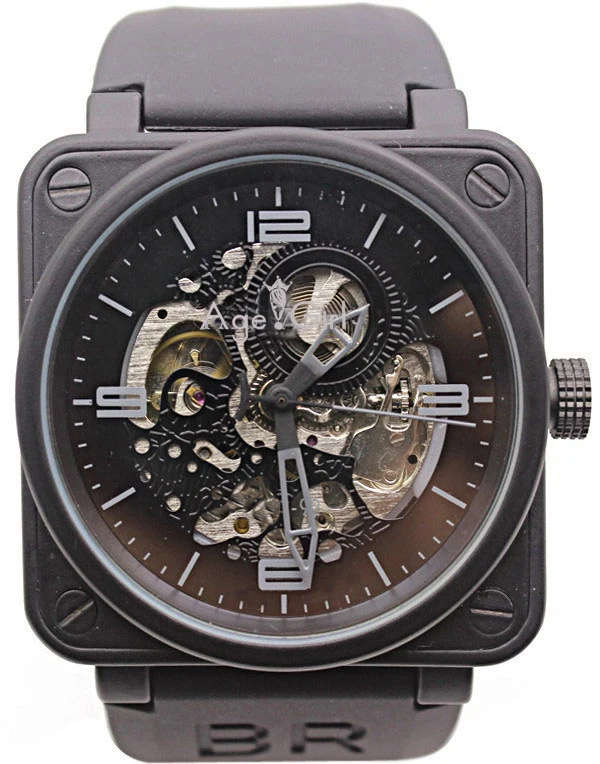 

ClassicNew Mens Stainless Steel Black Rubber Bell PVD BR Automatic Mechanical Self-wind Watches Skeleton Pierced Hollow Blue Red