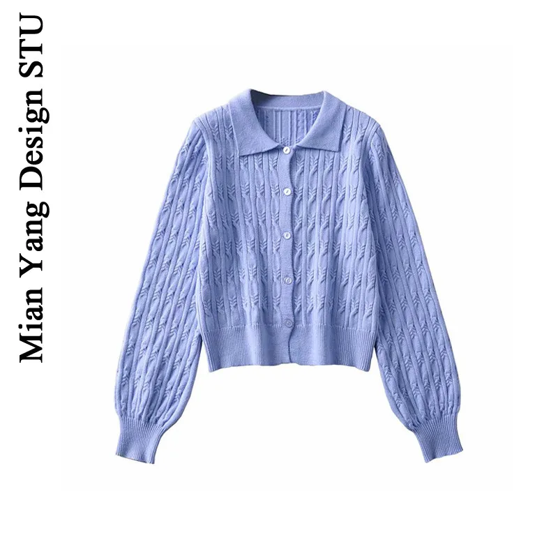 Женский трикотажный кардиган в стиле ретро элегантный сине фиолетовый свитер из