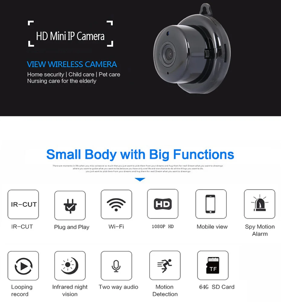 Умная Мини wifi 720P ip-камера Беспроводная маленькая CCTV инфракрасная камера ночного видения Обнаружение движения Домашняя безопасность поддержка дистанционного просмотра