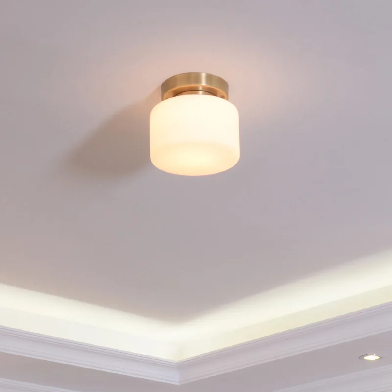 Goedkoop Amerikaanse Stijl Echte Messing Plafondlamp Creatieve Gang Gangpad Plafondlamp Wit Frosted Glazen Kap Lampen En Lantaarns E27