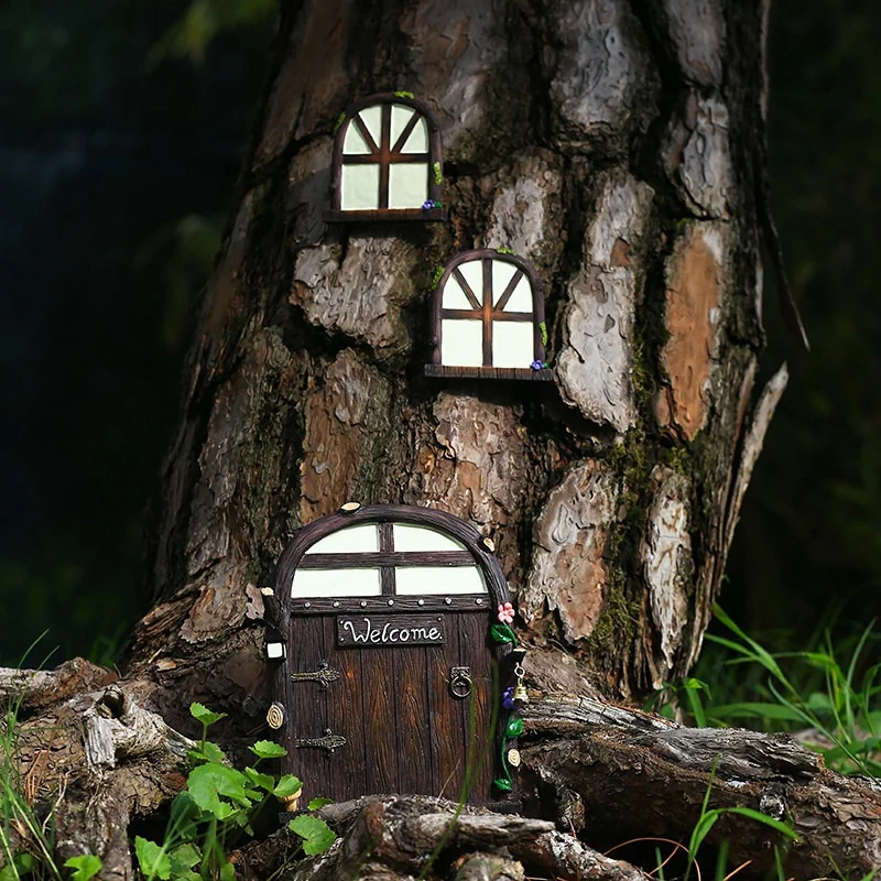 

Miniature Fairy Elf Door and Windows Home Door and Windows Glow Cute Tree Decor Art Decorations for Kids Room