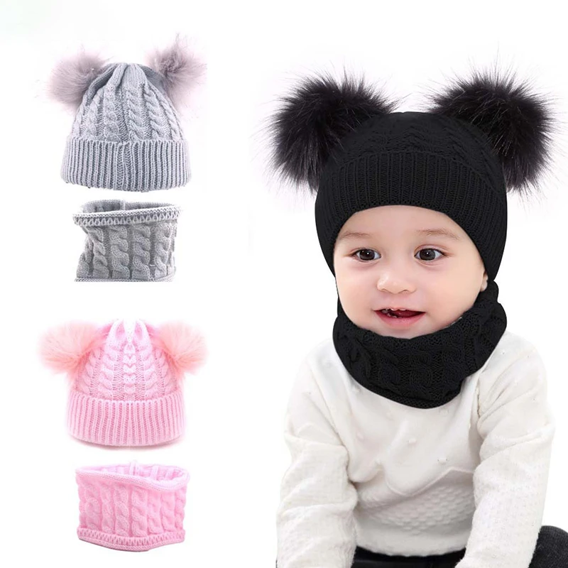 Шапка и шарф для новорожденных зимняя вязаная с помпоном 2 шт. | Детская одежда