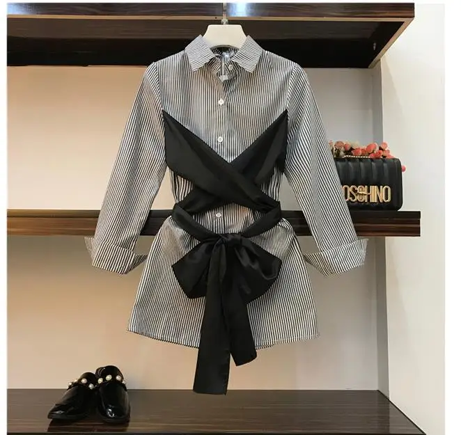 

2020 Fashion Long Sleeve Black Patchwork White Shirts Women Fake Two Pieces One Shirt Lady Fashion White Shirt Tops