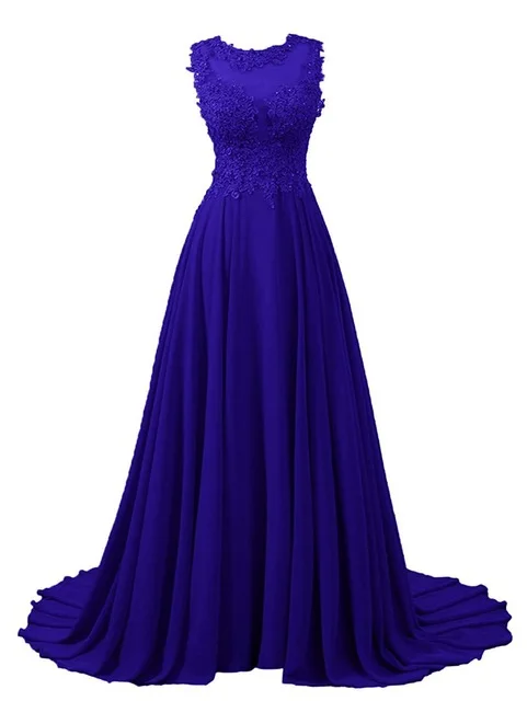Royal Blue Длинные Платья для подружек невесты с кружевной аппликацией из бисера, из прозрачной ткани с открытой спиной шифон Свадебные платья фрейлина платье недорого - Цвет: Royal Blue