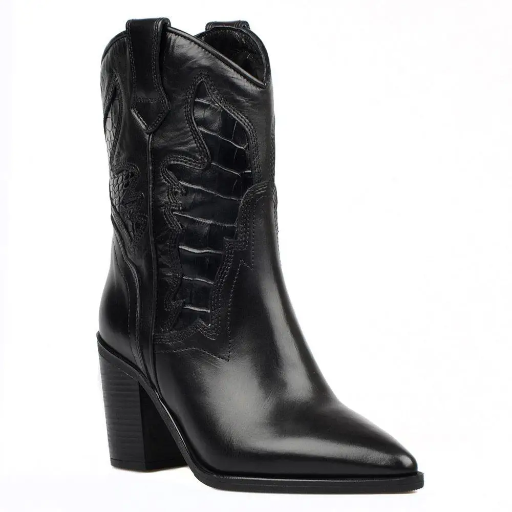 FootCourt-черные женские ботинки из натуральной кожи с принтом Винтажные ретро Обувь