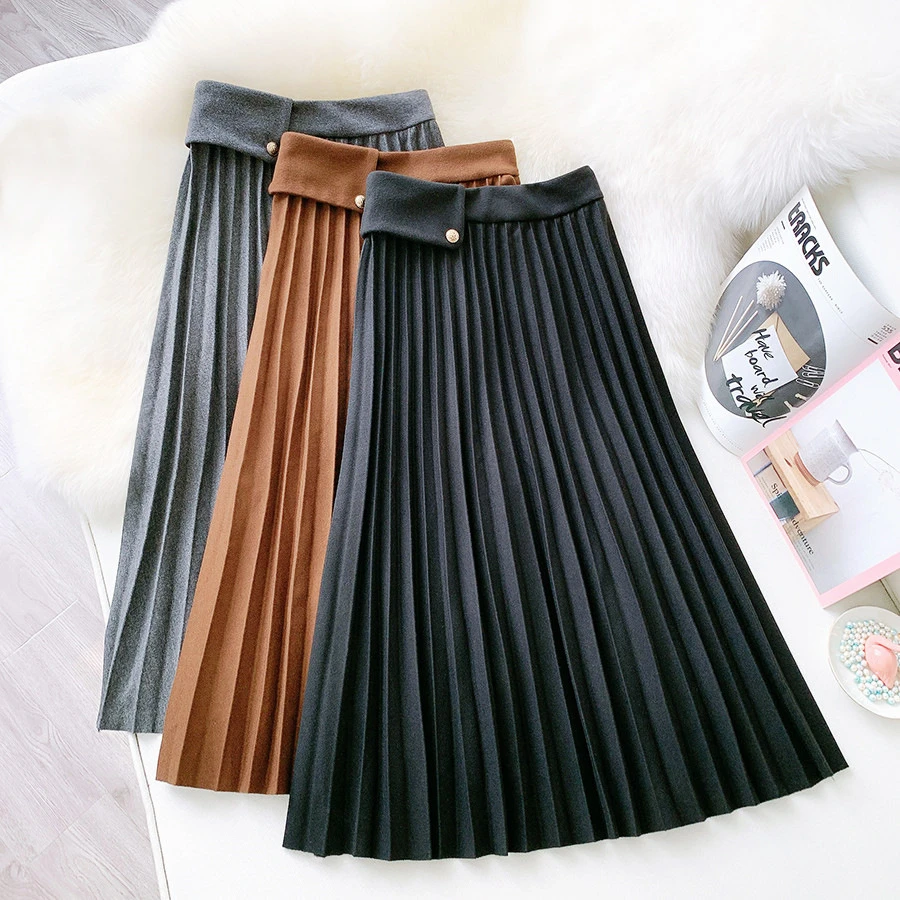Корейская осенне зимняя шерстяная плиссированная юбка с высокой талией 2020