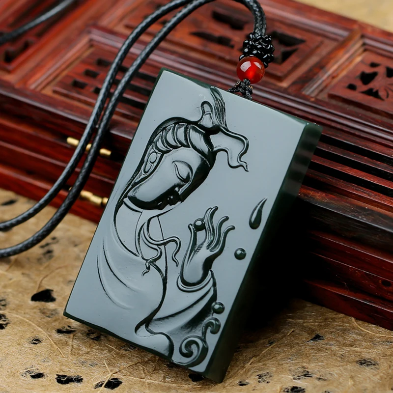Auténtica piedra natural hetiana tallado Guanyin colgante Cabeza Cuadrada marca collar joyeria regalo|Камни| |