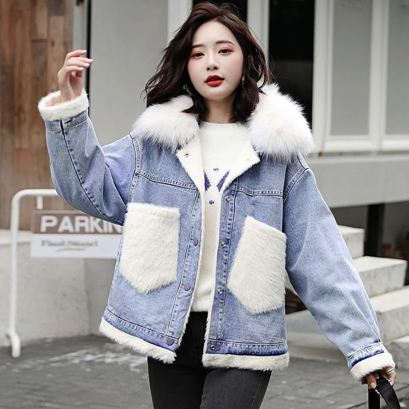 

Winter Jacket Women 2021 Korean Loose Fur Collar Denim Oversize Short Female Jacket Elegant Thick Warm Faux Fur Lining Parkas